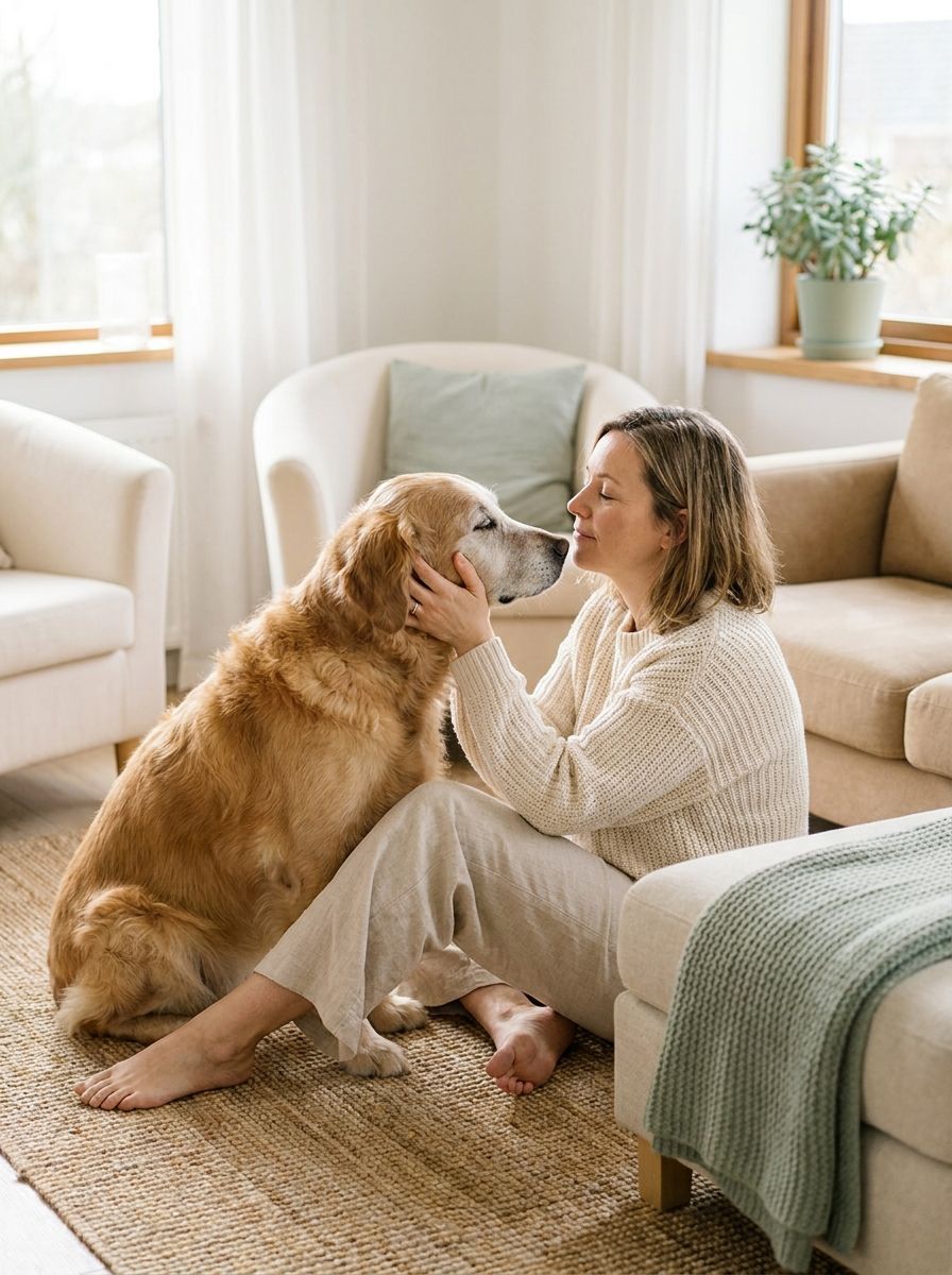 owner at home with her senior golden retriever